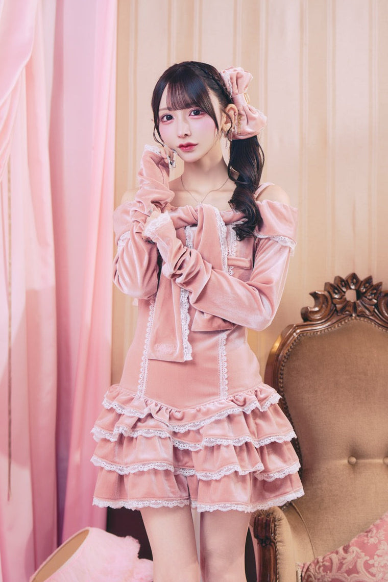 TRALALA キャミソールワンピース ピンク ベロア　パイル リボン　平成 予約商品】ベロアドールワンピース – ReAmour
