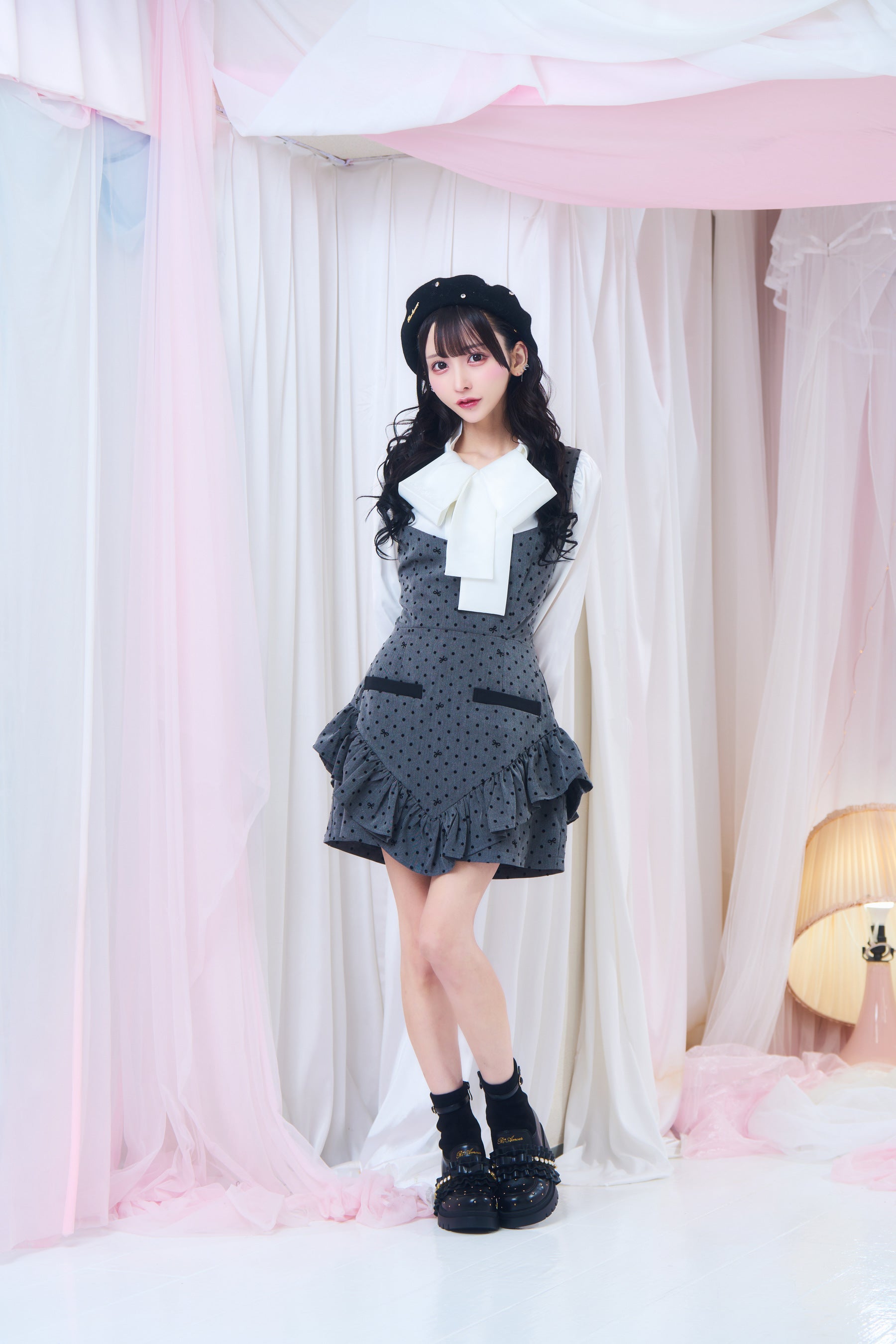 lilLilly リボン ジャンバースカート ガーリーリボンジャンパー